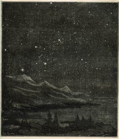En stjerneklar nat perfekt til at observere himlen. Indgravering fra Camille Flammarions "The Stars and Other Curiosities of the Sky" af Unbekannter Künstler