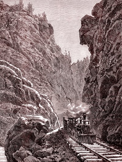 Et tog krydser Colorados bjerge. U.S.A. i 1886 (kobberstik) af Unbekannter Künstler