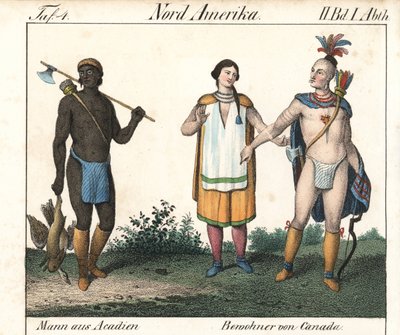 Acadisk mand med tatoveret krop og et par indfødte canadiske indianere. Litografi til bogen: "Galerie complete en tableaux fideles des peuples d