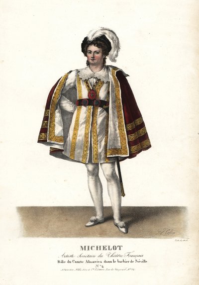 Skuespiller Pierre Marie Nicolas Michelot som Comte Almaviva i Le Barbier de Seville af Pierre Beaumarchais, Theatre Français. Håndkoloreret litografi af F. Noel efter en illustration af Alexandre-Marie Colin fra Portraits d