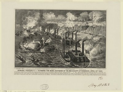 Admiral David Dixon Porters flåde kører oprørsblokaden på Mississippi ved Vicksburg den 16. april af Unbekannt