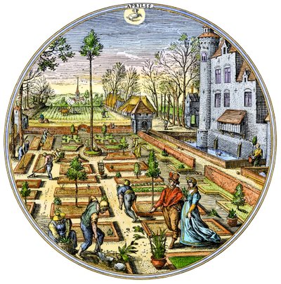 Landbrug: Havearbejde i en europæisk køkkenhave i begyndelsen af foråret omkring 1590 Farvestik fra det 16. århundrede af Unbekannter Künstler