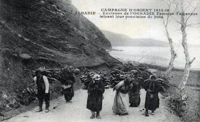 Albanien: Sigøjnerkvinder iført træbundter på ryggen - Postkort 1914-1918 af William M. Timlin