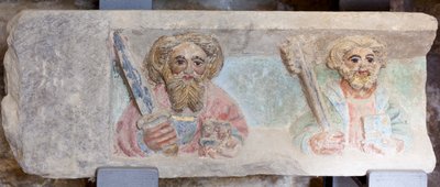 Altertavle. polykrom sten. Anden halvdel af 1300-tallet. Oprindelse tidligere sognekirke Torre de Rialb. Detalje. Nedre register. Venstre panel. Evangelisterne Paul Peter. af Unbekannt