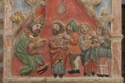 Altertavle. polykrom sten. Anden halvdel af 1300-tallet. Oprindelse tidligere sognekirke Torre de Rialb. Detalje. Midtregister. Venstre panel. Øvre del: Saints Iscle og Victoria med embedsmændene. af Unbekannt