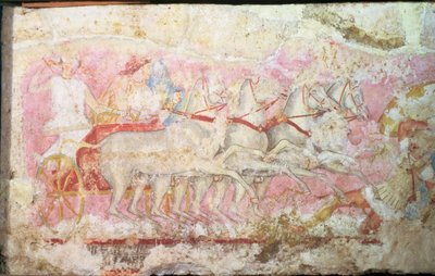 Amazoner, der kører en vogn, detaljer fra siden af Amazonas sarkofag, Tarquinia, 4. århundrede f.Kr. (tempera på alabast) (detalje af 85168) af Unbekannt