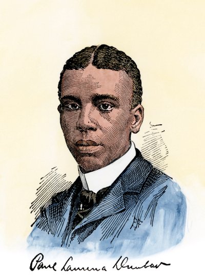 Den amerikanske digter Paul Lawrence Dunbar (1872-1906), med hans autograf. Håndkoloreret træsnit af en illustration fra det 19. århundrede af Unbekannter Künstler