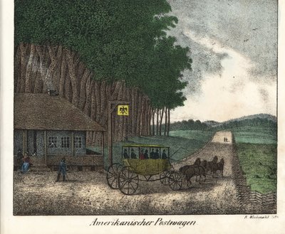 Et amerikansk postkontor og en diligence. Litografi til bogen: "Galerie complete en tableaux fideles des peuples d