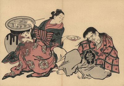 En oiran-kurtisane spiller to shojo med sake fra en stor vase. Træsnit af Masanobu Okumura (1686-1764) fra Fuzoku Emakimono, Picture Scroll of the Water Trade, Tokyo, genoptryk ca. 1880. af Unbekannter Künstler