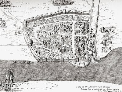 Gammel plan af Kingston upon Hull, East Riding of Yorkshire, England, fra Picturesque History of Yorkshire, udgivet ca. 1900 af Unknown