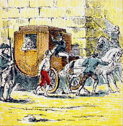 Anholdelse af Ludvig XVI og hans flygtende familie i Varennes den 21. juni 1791. Indgravering i "Histoire de France". Serie af reklamebilleder udgivet på vegne af Louit, 24 rue d