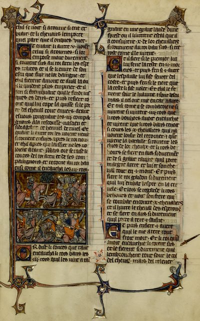 Arthur-legenden (jagten på den hellige gral) : Benoic jager Saxon og slaget ved Danablaise er to illuminationer, der stammer fra manuskriptet History of Merlin fra det 13. århundrede mellem 1280-1290. af Unbekannter Künstler