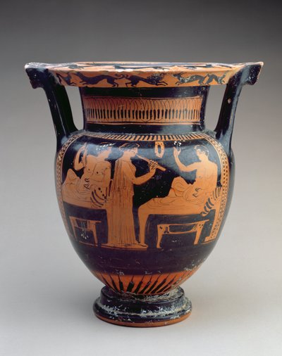 Attic rød-figur søjle krater med en symposium scene af en fløjtespiller mellem to liggende hanner, græsk, ca. 420 f.Kr. (keramik) af Unbekannt