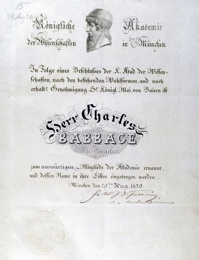 Babbage Æresdiplom tildelt Charles Babbage af Unbekannt