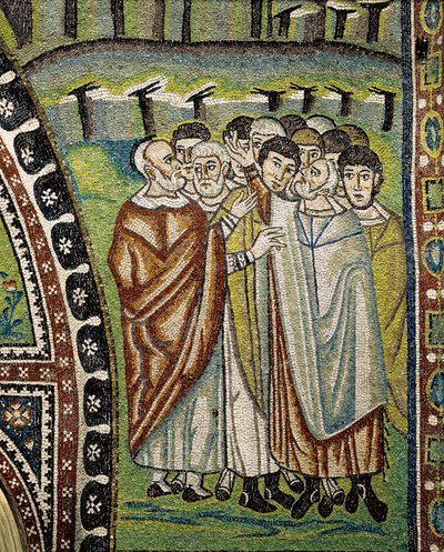 Basilica of San Vitale, detalje af lunettemosaikker over indgangen til ambulatoriet, der repræsenterer Aron-ledere af tolv stammer i Israel, Ravenna, Emilia-Romagna, Italien af William M. Timlin