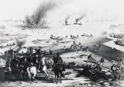 Battle of Hampton Roads eller Battle of Ironclads, USS Monitor og CSS Virginia (til højre), 9. marts af William M. Timlin
