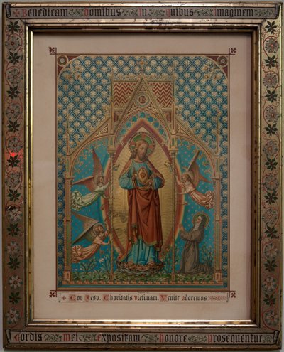 bevere. Sognekirke (Sankt Peters orkestre). Interiør. Andagt farvet tryk. S Lucas skole Gent, Ejendom 1875, W Z Dreyt Brugge. Nygotisk. af Unbekannt