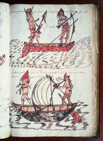 Boats of Indians, side fra Codex Canadensis (1664-1675), manuskript på pergament af Louis Nicolas, Frankrig af William M. Timlin