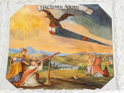 Loftsfreskomaleri i midtergangen til Skt. Catherines kirke, allegoriske afbildninger af kejser Leopold I