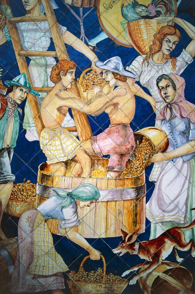 Keramisk flisepanel, der viser høst, Vietri sul Mare, Campania, Italien, Detalje af William M. Timlin