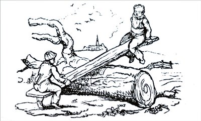 Børn leger på en tidlig vippe af Unbekannt