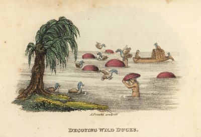 Kinesiske mænd jager vildænder med lokkekalebashatte i floden, Qing-dynastiet. Håndkoloreret kobberstik af Andrea Freschi efter Antoine Cardon fra Henri-Leonard-Jean-Baptiste Bertin og Jean Baptiste Joseph Bretons China, Its Costumes, Arts, af Unbekannter Künstler
