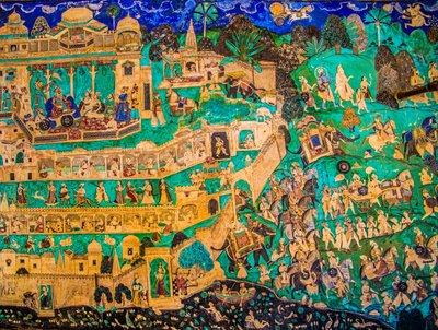 Chittra Sala gårdhave med virtuose fine malerier, Taragarh Fort, Bandi, Bandi, Rajasthan, Indien, Asien (Foto) af Unbekannter Künstler