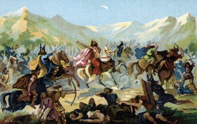 Clovis I (466-511), frankernes konge, svor under slaget ved Tolbiac i 496 mod den germanske stamme alamanerne, at han ville konvertere i tilfælde af sejr. Slutningen af det 19. århundrede (kromolitografi) af Unbekannter Künstler