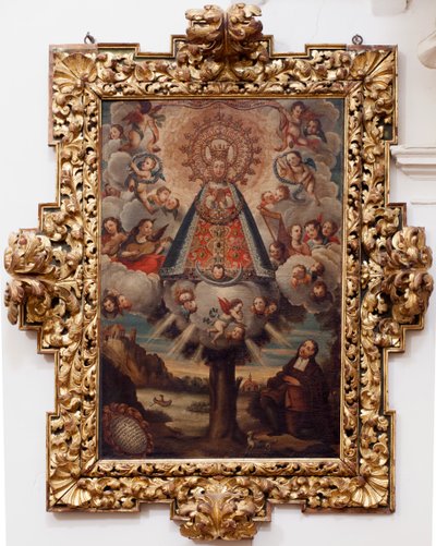 Kollegial kirke. Inde. Maleri. (Vor Frue af Håbet). Tekst i en medaljon: “PORTRÆT ALL THE MIL CROSA Imajen DNUESTRA S DL Esperanza A Similar to Fernando de ZILLLa Faña iezi rodela Villa Riue mde el Tajo ter mi?to esta villa”. underskrevet? og af Unbekannt