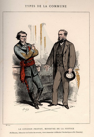 Paris Commune: kostume af LE CITIZEN PROTOT, JUSTICEMINISTER og M.ROUSSE, BATONNER AF ORDEN DES AVOCATES, KOMMER TIL FORSVAR L