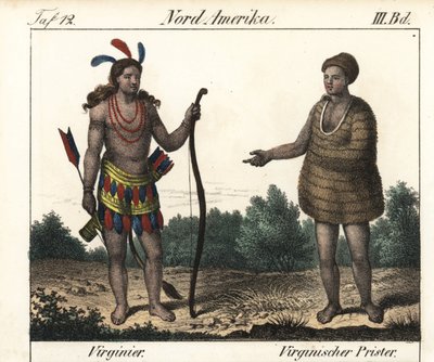 Dragter fra Powhatan-indianerne i Virginia (USA): en kriger og en præst fra Secota. Litografi til bogen: "Galerie complete en tableaux fideles des peuples d