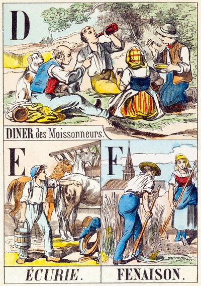 D E F: Diner des Moissonneurs, Ecurie, Fenaison - "Alphabet of the farm" slutningen af ​​det 19. århundrede (gravering) af Unbekannt