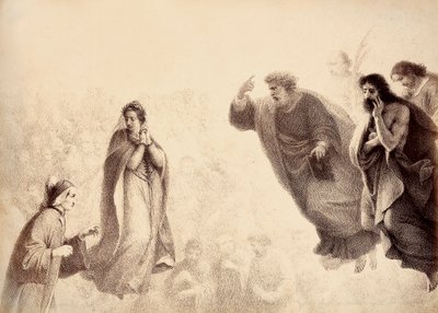 Dante og Beatrice foran apostlene Peter, Jakob og Johannes