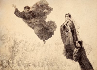 Dante og Beatrice møder Sankt Peter. Illustration af Canto XXIV i Paradiso af Den guddommelige komedie af Dante Alighieri. Værk af Francesco Scaramuzza dedikeret til Firenzes kommune. af Unbekannter Künstler