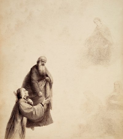 Dante, assisteret af Sankt Bernhard, ser Beatrice sidde på en trone blandt de velsignede, i en glorie af lys. Illustration af Canto XXXI i Paradiso i Den guddommelige komedie af Dante Alighieri. Et værk af Francesco Scaramuzza dedikeret til Firenzes kommun af Unbekannter Künstler