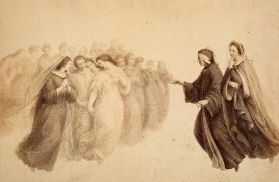 Dante sammen med Beatrice og de velsignede ånder. Illustration af Canto XXXIII i Paradiso i Den guddommelige komedie af Dante Alighieri. Værk af Francesco Scaramuzza dedikeret til Firenzes kommune. af Unbekannter Künstler