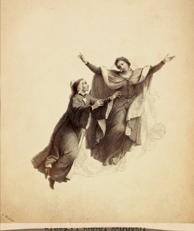 Dante, med åbne arme, ledt på flugt af Beatrice gennem Paradisets himmelhvælv. Illustration af Canto I af Paradiso i Den guddommelige komedie af Dante Alighieri. Et værk af Franceso Scaramuzza dedikeret til Firenzes kommune. af Unbekannter Künstler
