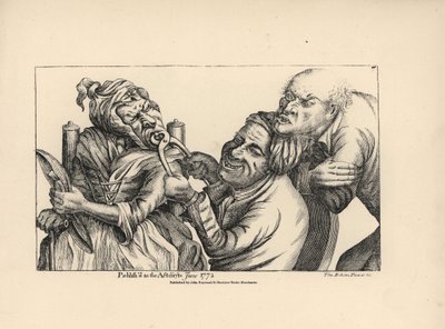 Tandlæge griner, mens han bruger en tang til at trække en dårlig tand ud af munden på en gammel kvinde. Kobberstik efter en satirisk illustration af Timothy Bobbin (John Collier) (1708-1786) fra Human Passions Delineated, John Haywood, Manchester. af Unbekannter Künstler