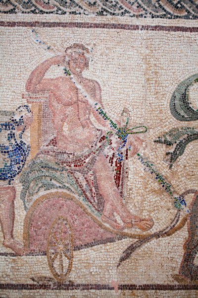 Detalje af The Triumph of Dionysos - Gudens tilbagevenden fra en militær ekspedition til Indien - Dionysos siddende på en vogn trukket af to pantere - Paphos mosaikker, House of Dionysos, slutningen af det 2. århundrede e.Kr. - Slutningen af det 2. århundr af William M. Timlin