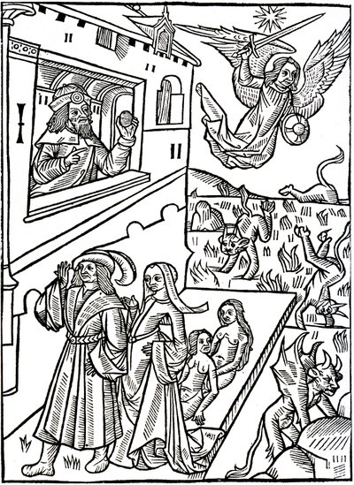 Teufel werden vom Erzengel Michael verfolgt, während Menschen ihre Aktivitäten fortsetzen von 