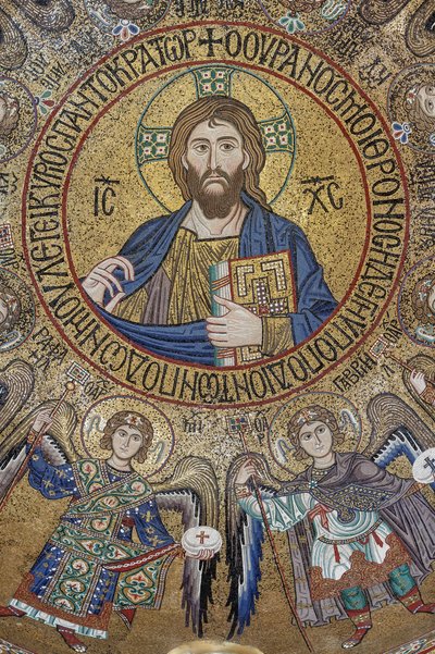 Tværskibets kuppel: mosaik "Velsignelse Kristus Pantocrator mellem engle og ærkeengle", XII århundrede, Palatinerkapellet, Det Kongelige Palads eller Palazzo dei Normanni (Normannernes Palads), Palermo, Sicilien, Italien (foto) af Unbekannter Künstler