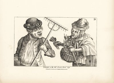 Den fordrukne bonde Jones køber hele lageret af træredskaber af den gamle, skeløjede Nan. Kobberstik efter en satirisk illustration af Timothy Bobbin (John Collier) (1708-1786) fra Human Passions Delineated, John Haywood, Manchester. af Unbekannter Künstler