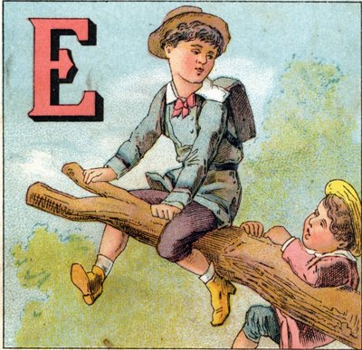 E-bogstaver: dreng i balance på en trægren. Indgravering i "Alphabet des petits ecoliers". Billeddannelse af Epinal, ca. 1885. Privee Collection af Unbekannt