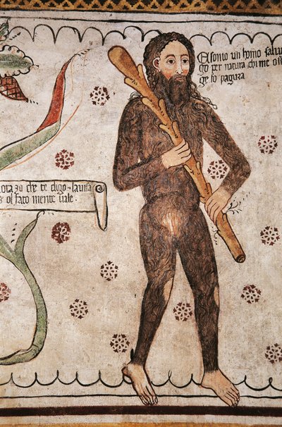 Ego sonto un homo salvadego per natura, chi me ofende ge fo pagura (jeg er vild mand af natur, dem, der fornærmer mig, vil jeg sætte frygt), fresco, Homo Salvadego museum, Sacco, Cosio Valtellino, Lombardiet, Italien af Benjamin Baud