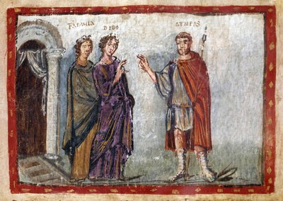 Episode af Vergils Aeneiden (70-19 f.Kr.): fremstilling af Aeneas og Dido. Dido forsøger at holde Aeneas tilbage. Dido fanges i fortvivlelse og begår selvmord. Miniature taget fra 