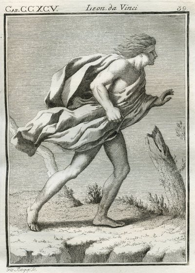 Etude af en mand, der går mod vinden, med tøj og hår pjusket af vindstødene og kroppen lænet fremad. Gravering fra "" Treat of Painting "" af Leonardo da Vinci (Leonard de Vinci) (1452-1519). "" Afhandling om maleriet af Liona af Unbekannt