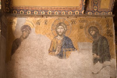 Europa-Asien, Tyrkiet, Istanbul, Aya Sofya Museum (537 e.Kr., tidligere moske og kirke), mosaikpanel med Kristus, Maria og Johannes Døberen af Unbekannt