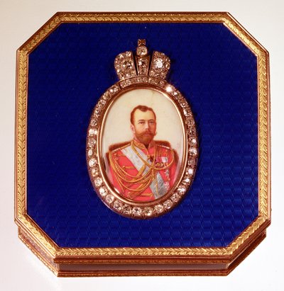 Faberge blå emaljekasse, med portræt af zar Nicholas II af Unbekannt