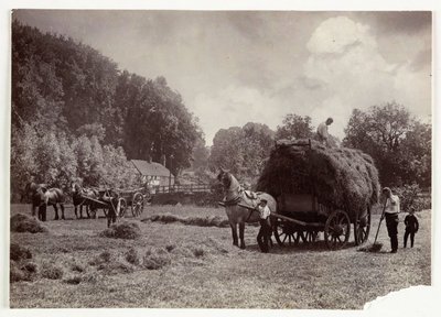 Landbrugsscener, høst og opbevaring, høproduktion før 1900, ca. 1890 af Unbekannt