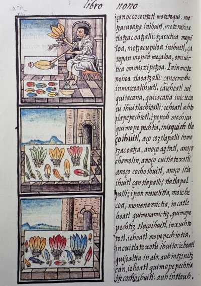 Fjerbearbejdning efter den spanske erobring, side fra Florentine Codex, tosproget version på spansk og Nahuatl, General History of Things of New Spain, af den spanske missionær Fray Bernardino de Sahagun. Aztekisk civilisation af William M. Timlin